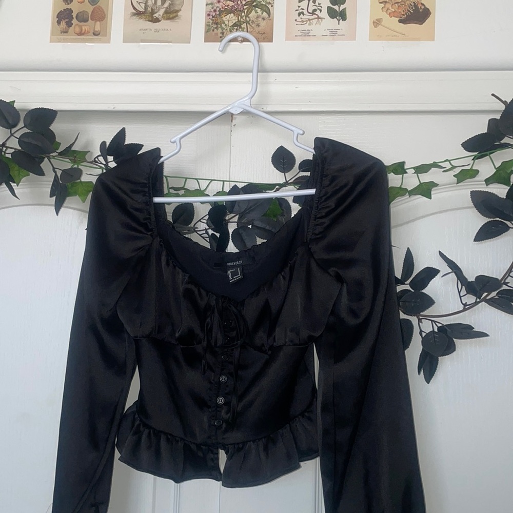 ‘FOREVER 21’/ Black/ Silky Ruffled/ Women’s Button-Up Blouse